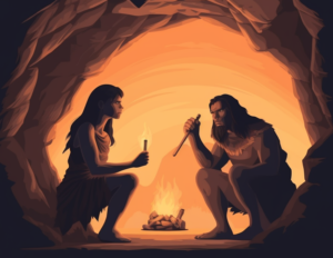 cave man and woman with fire